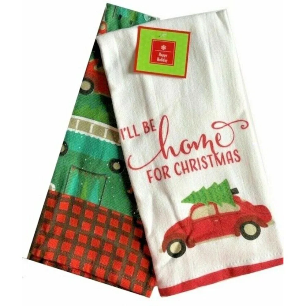 Car Bus Bug Kitchen Dish Towels 100% Cotton Set of 2 I'll Be Home for Christmas